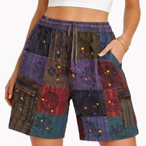 Rhea Patchwork Drawstring Shorts XL Boho Festival Style